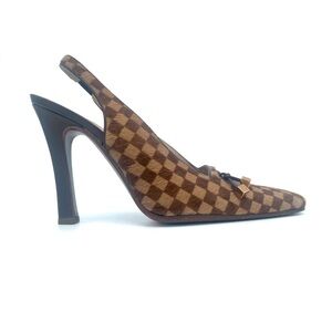 Louis Vuitton Brown Checkered Slingback Heels Gold Dice Pony hair Damier